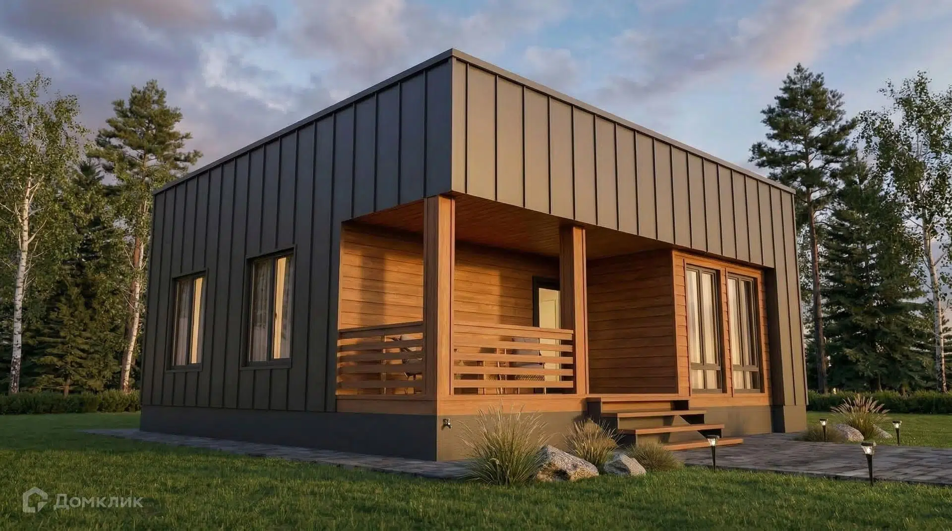 Проект дома «Хай-Тек 85» компании Зеленый пояс Москвы из материала Каркасный дом площадью 85.86м² под ключ за 5800000₽ в Донецке | 1 этаж, 2 спальни, 1 санузел – Домклик