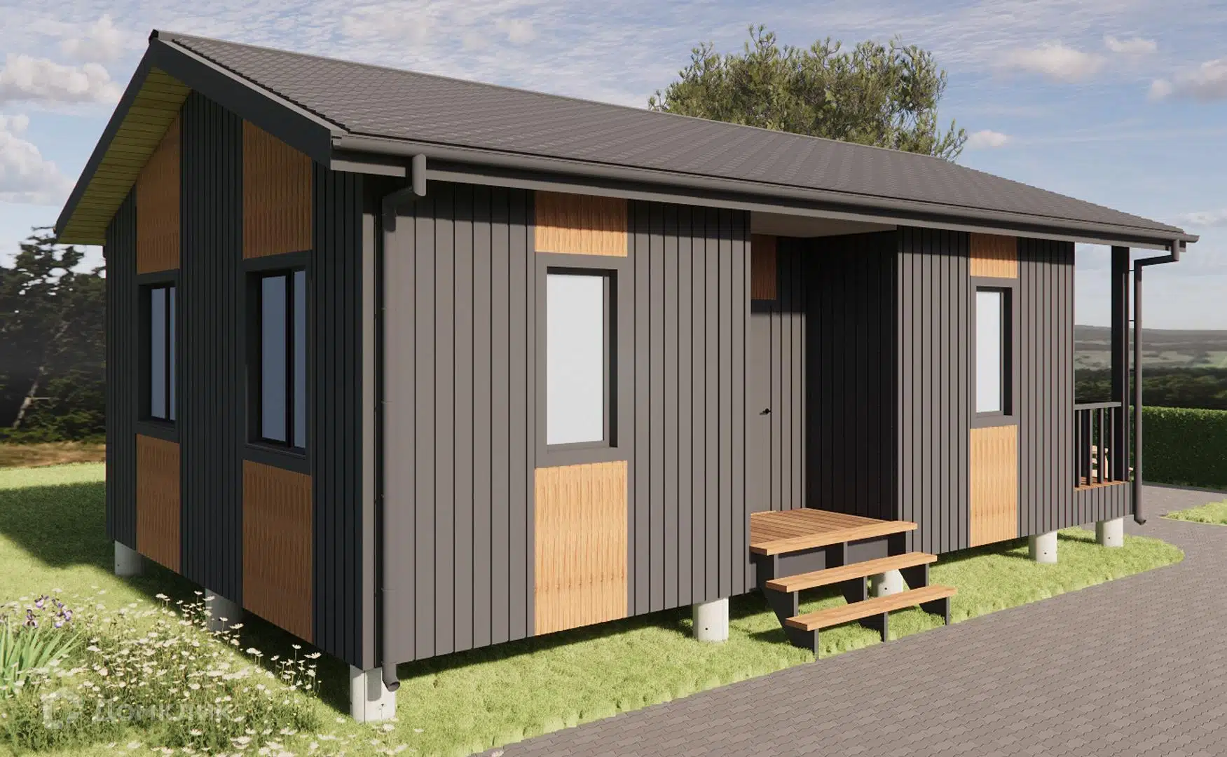 Проект дома «Медея 1-54» компании ООО «ИКС ТИНА» из материала Каркасный дом площадью 53.4м² под ключ за 2970000₽ в Донецке | 1 этаж, 2 спальни, 1 санузел – Домклик