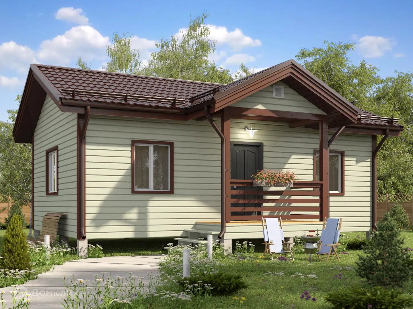 Проект дома «ДК-9» компании ООО «Загородный дом» из материала Каркасный дом площадью 51.34м² под ключ за 2487000₽ в Донецке | 1 этаж, 2 спальни, 1 санузел – Домклик