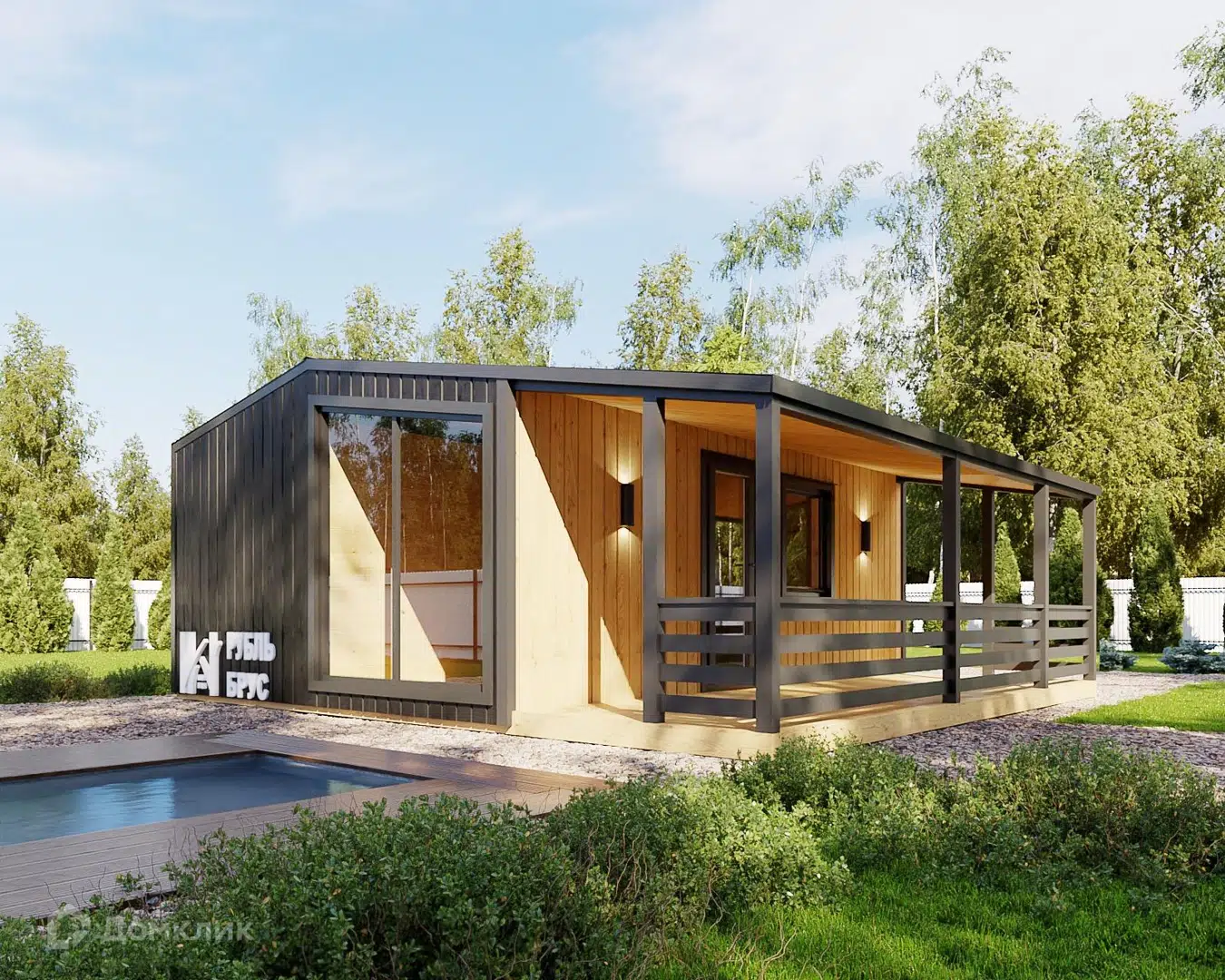 Проект дома «Модульный дом «Барн 33»» компании РубльБрус строительство деревянных домов и бань по России. из материала Модульный дом площадью 39м² под ключ за 1591250₽ в Донецке | 1 этаж, 1 спальня, 1 санузел – Домклик