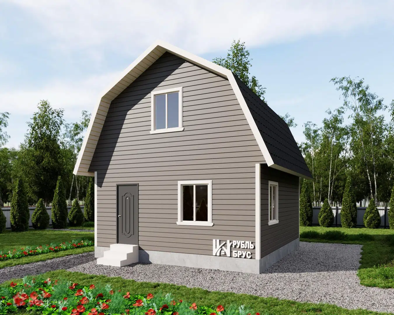 Проект дома «Каркасный дом «Дача номер 1»» компании РубльБрус строительство деревянных домов и бань по России. из материала Каркасный дом площадью 48.35м² под ключ за 1480000₽ в Донецке | 2 этажа, 2 спальни, 1 санузел – Домклик