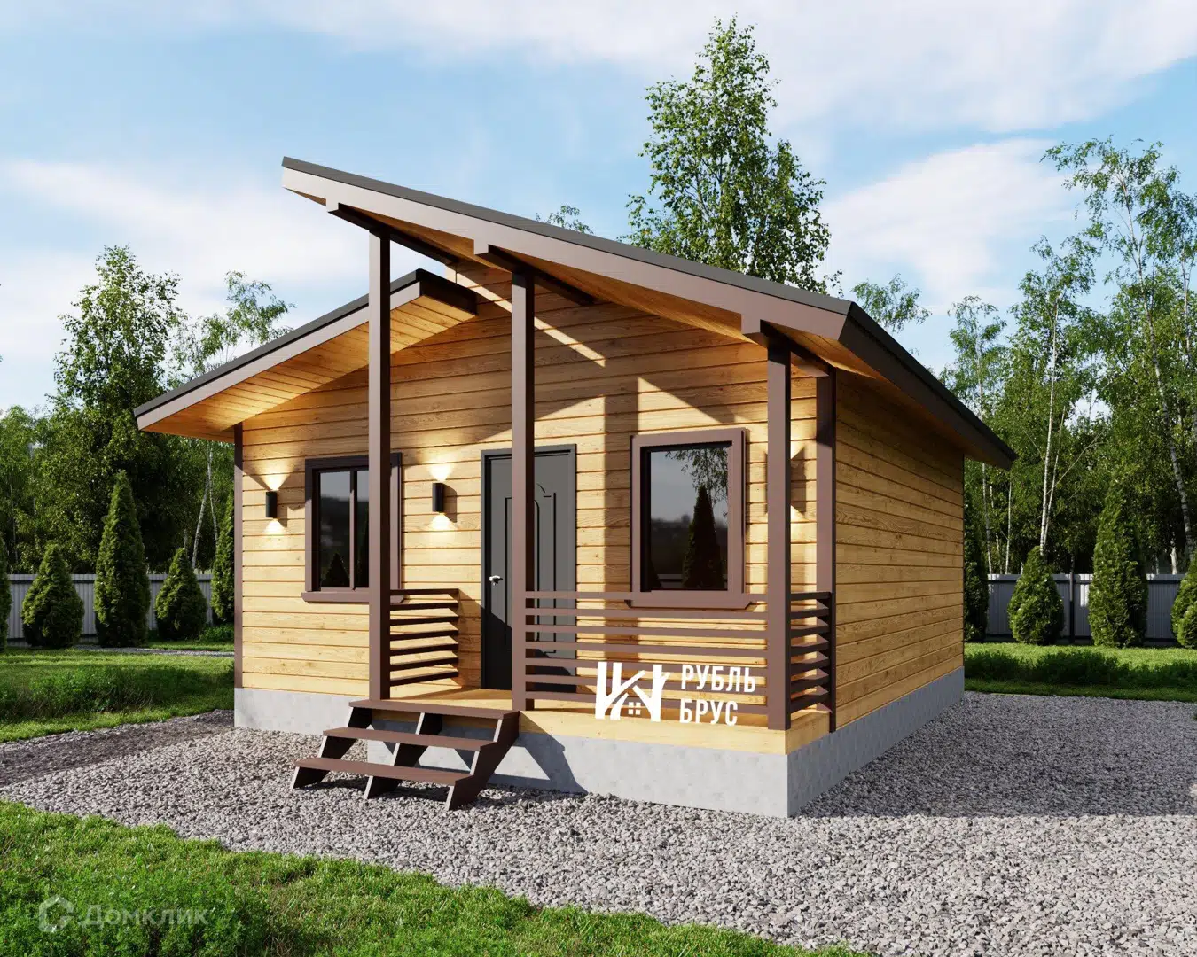 Проект дома «Каркасная дача «Сосновый бор»» компании РубльБрус строительство деревянных домов и бань по России. из материала Каркасный дом площадью 32.9м² под ключ за 2015000₽ в Донецке | 1 этаж, 2 спальни, 1 санузел – Домклик