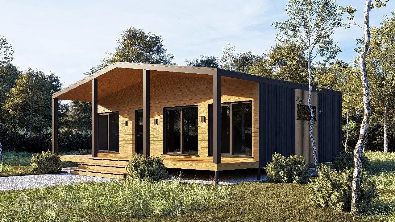 Проект дома «Модульный дом "Карагай" 80 кв.м. с террасой» компании Стройкаркас из материала Каркасный дом площадью 60м² под ключ за 2990000₽ в Донецке | 1 этаж, 2 спальни, 1 санузел – Домклик