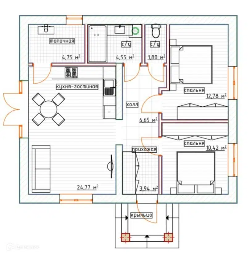 Проект дома «Загородный дом БД 7» компании СК Брянскдом из материала Газосиликатные блоки площадью 75.3м² под ключ за 5750000₽ в Донецке | 1 этаж, 2 спальни, 2 санузла – Домклик