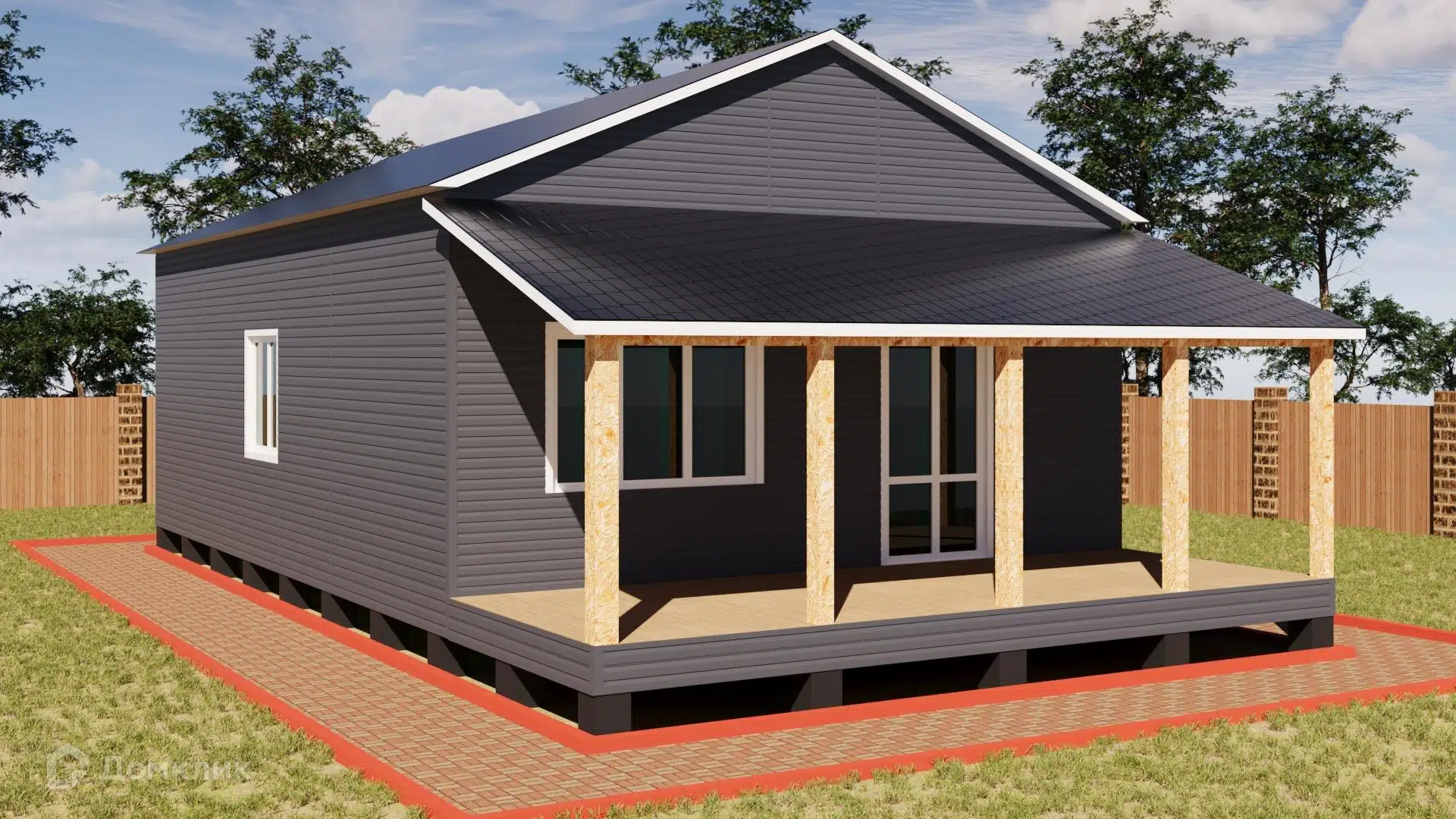 Проект дома «Одноэтажный с террасой 107,5 м2» компании ССК-ДОМ из материала Каркасный дом площадью 107.5м² под ключ за 6182000₽ в Донецке | 1 этаж, 3 спальни, 2 санузла – Домклик