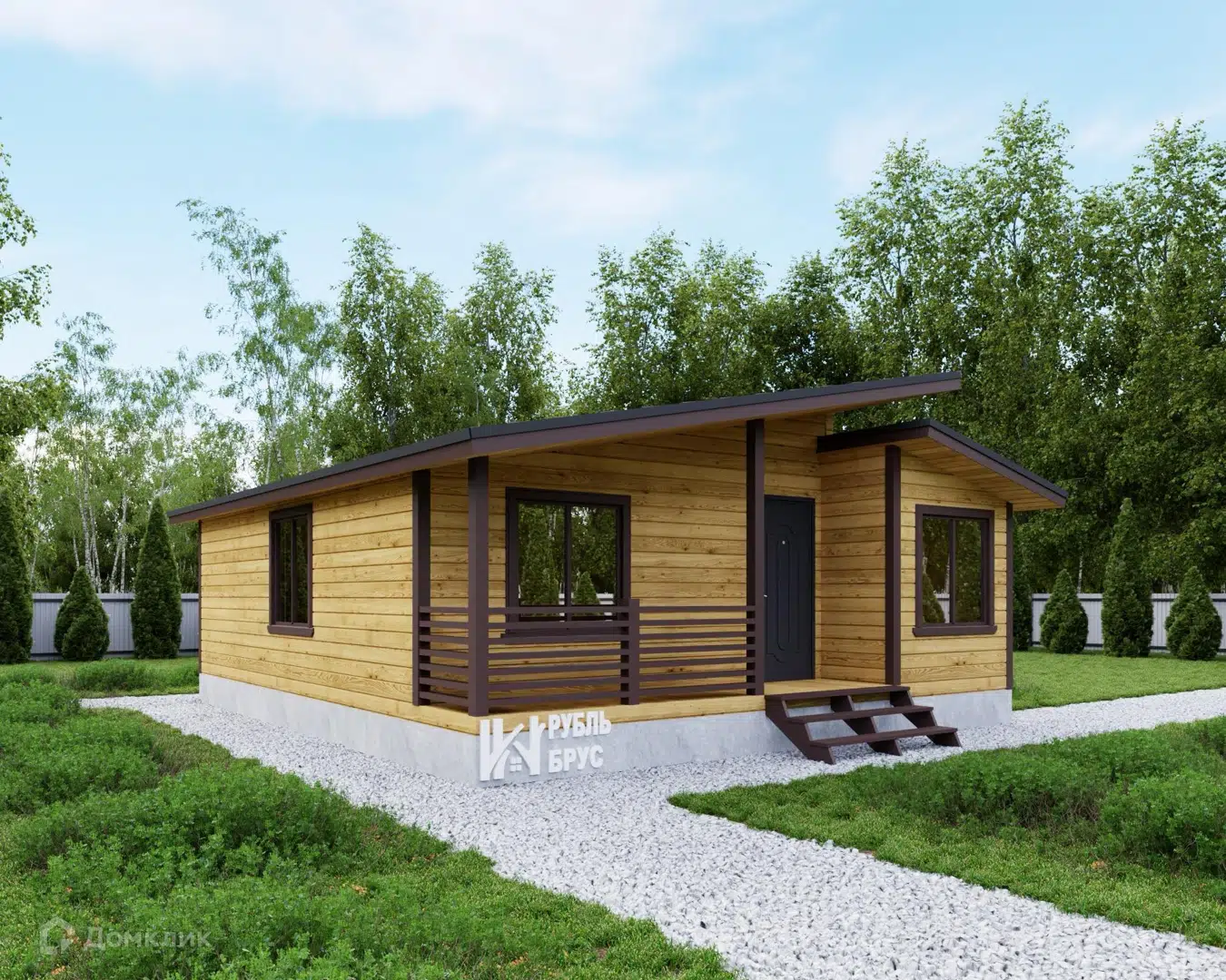 Проект дома «Каркасный дом «Ладога»» компании РубльБрус строительство деревянных домов и бань по России. из материала Каркасный дом площадью 56м² под ключ за 2160000₽ в Донецке | 1 этаж, 2 спальни, 1 санузел – Домклик