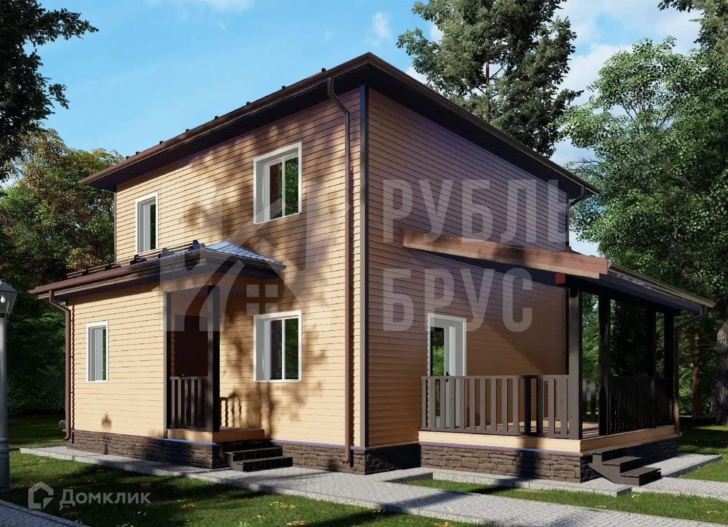 Проект дома «Каркасный дом «Леонард»» компании РубльБрус строительство деревянных домов и бань по России. из материала Каркасный дом площадью 135м² под ключ за 5025000₽ в Донецке | 2 этажа, 4 спальни, 2 санузла – Домклик