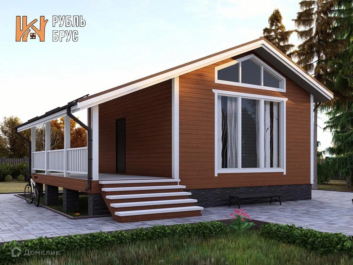 Проект дома «Каркасный дом «Заур»» компании РубльБрус строительство деревянных домов и бань по России. из материала Каркасный дом площадью 63м² под ключ за 3781250₽ в Донецке | 1 этаж, 2 спальни, 1 санузел – Домклик