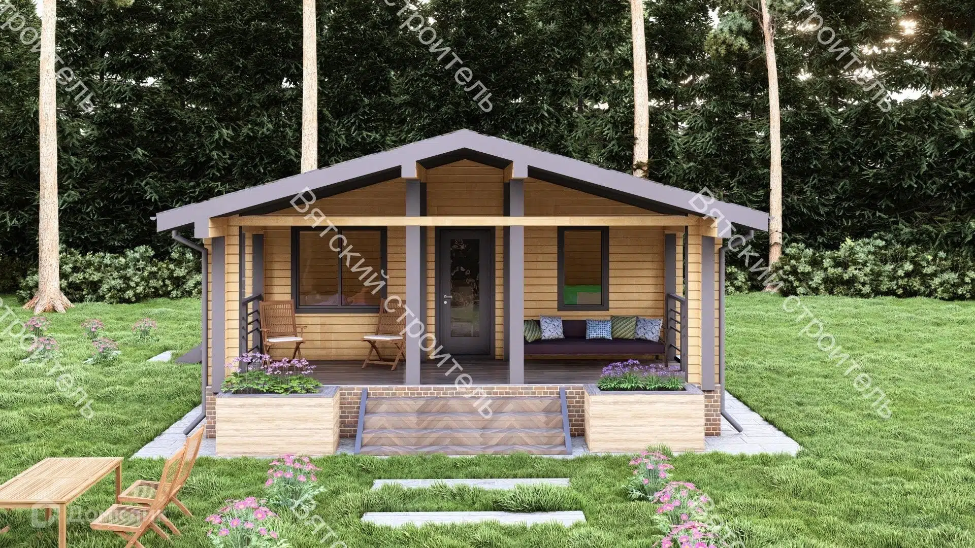 Проект дома «Турин» компании Вертикаль строй из материала Профилированный брус площадью 52.89м² под ключ за 4390000₽ в Донецке | 1 этаж, 1 спальня, 1 санузел – Домклик