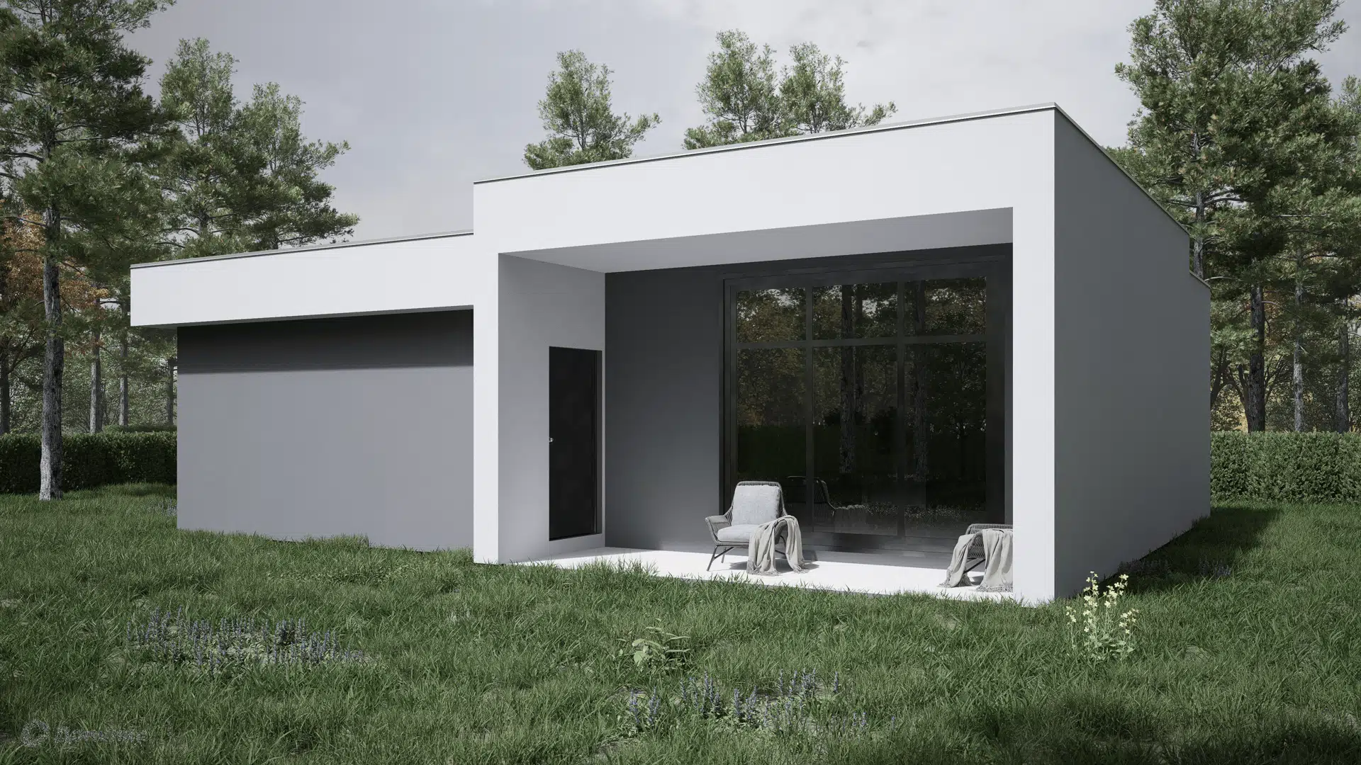 Проект дома «Хайтек 92» компании NORTH HOUSE из материала Каркасный дом площадью 92м² под ключ за 7450000₽ в Донецке | 1 этаж, 2 спальни, 1 санузел – Домклик