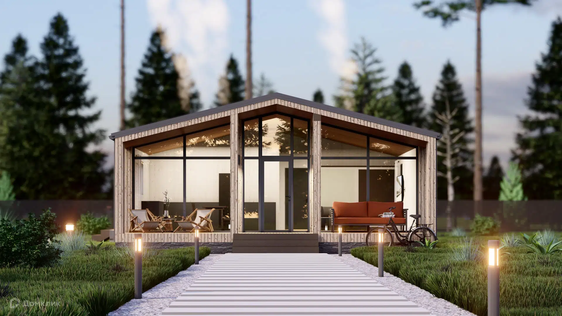 Проект дома «Барн-8» компании Каркас Поволжья из материала Каркасный дом площадью 96м² под ключ за 5200000₽ в Донецке | 1 этаж, 2 спальни, 2 санузла – Домклик