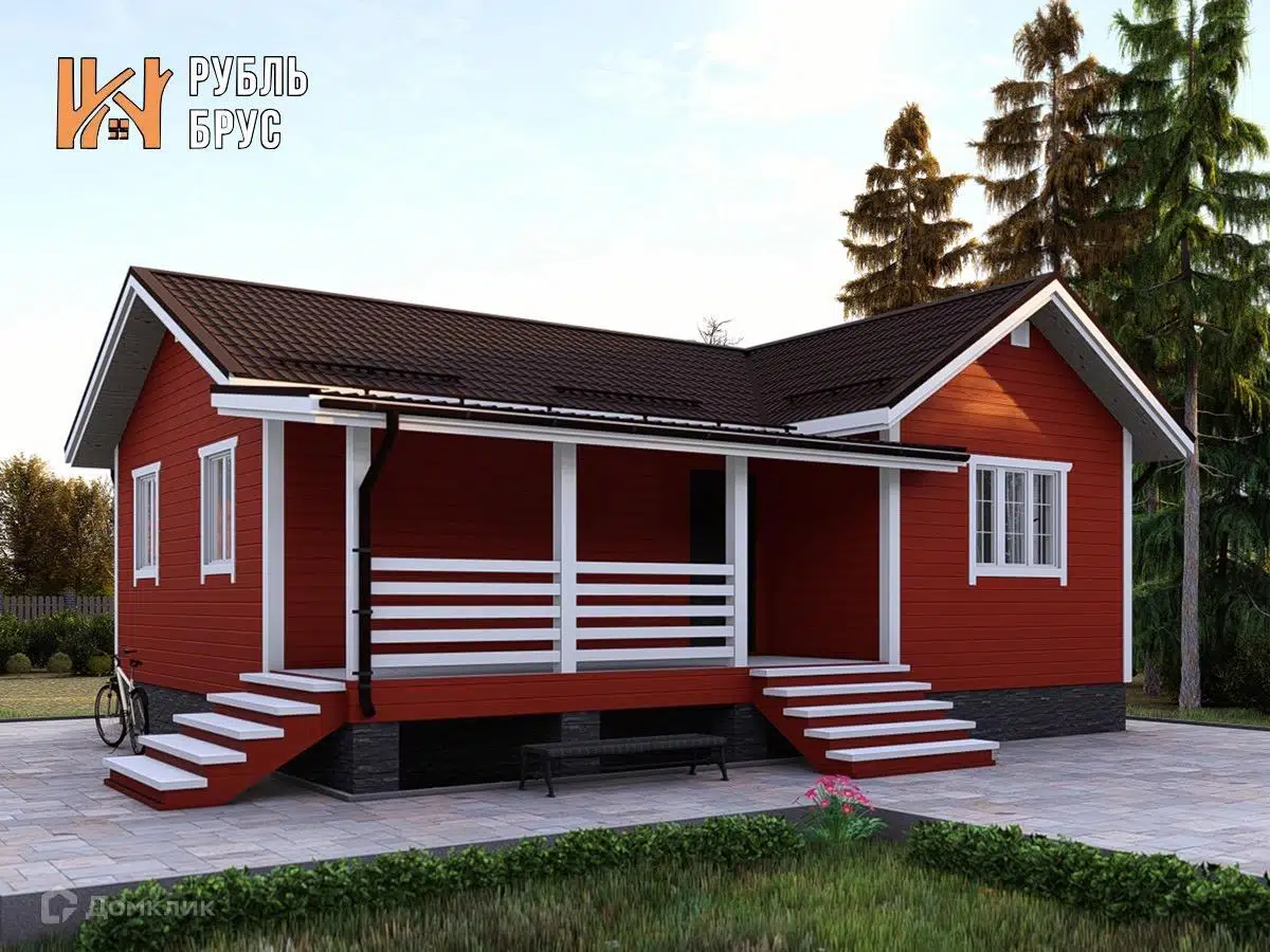 Проект дома «Каркасный дом «Терентий»» компании РубльБрус строительство деревянных домов и бань по России. из материала Каркасный дом площадью 80м² под ключ за 3115000₽ в Донецке | 1 этаж, 2 спальни, 1 санузел – Домклик
