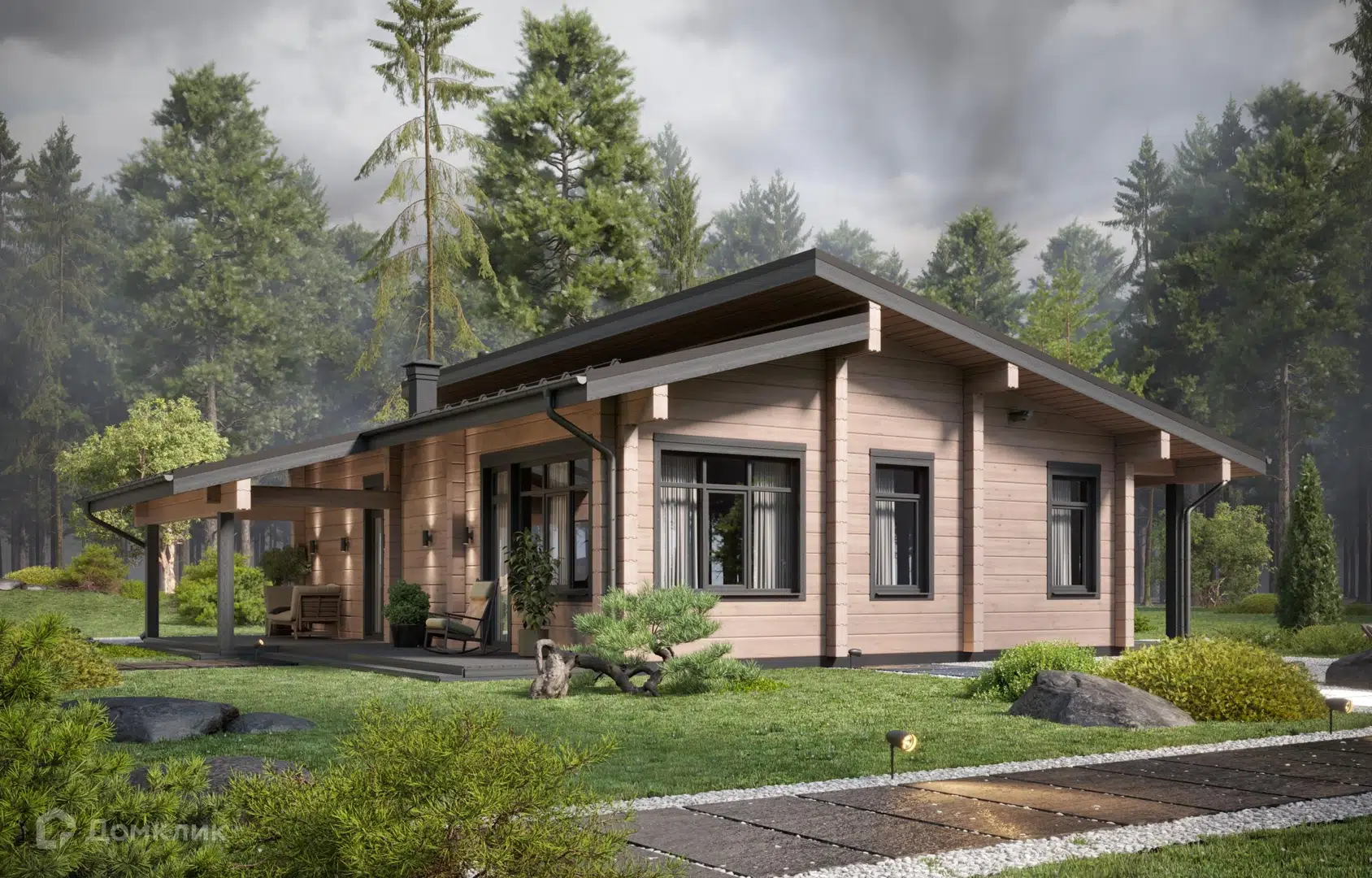 Проект дома «Одноэтажный дом из бруса "Агура"» компании Holzbalken из материала Клееный брус площадью 137м² под ключ за 10235000₽ в Донецке | 1 этаж, 2 спальни, 1 санузел – Домклик