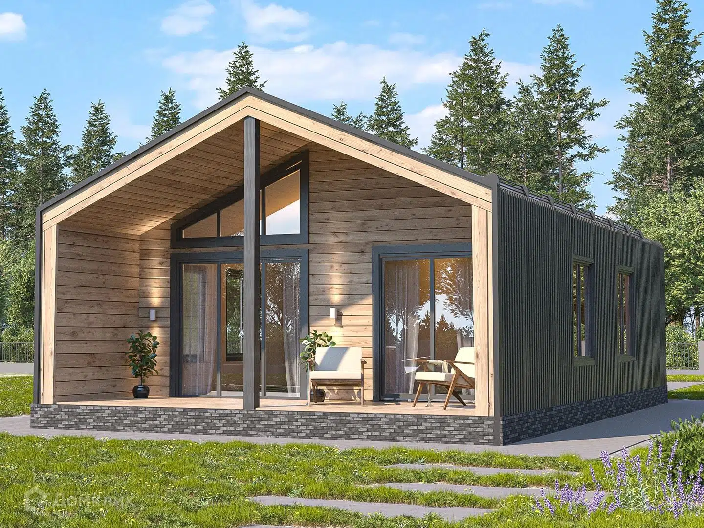 Проект дома «Б-15» компании Теплодина из материала Каркасный дом площадью 50м² под ключ за 2613000₽ в Донецке | 1 этаж, 2 спальни, 1 санузел – Домклик