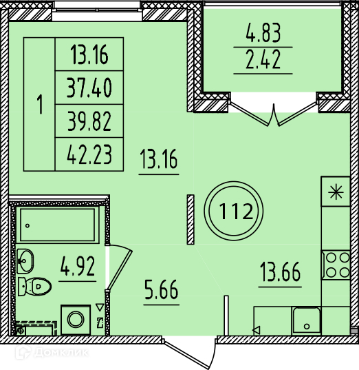 Планировка: 1 комната · 37,4 м²
