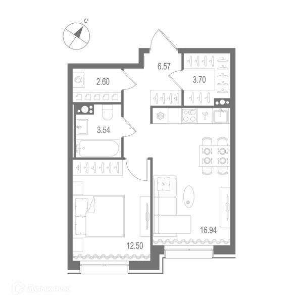 Планировка: 1 комната · 45,85 м²