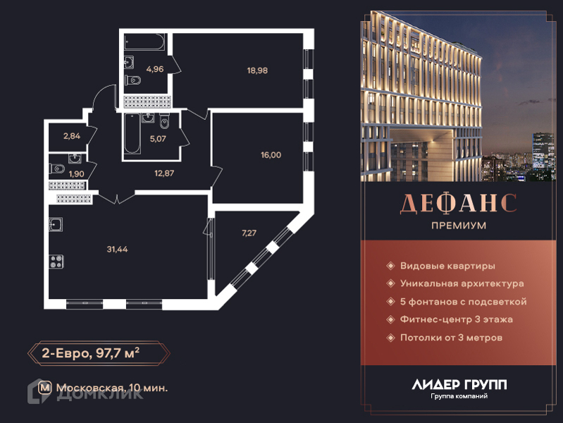 Планировка: 2 комнаты · 97 м²