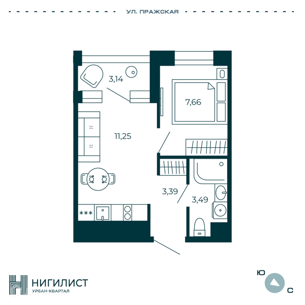 Планировка квартиры: 1 комната · 27,35 м²