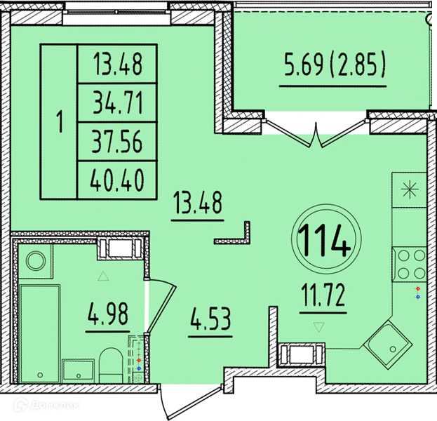 Планировка: 1 комната · 34,71 м²