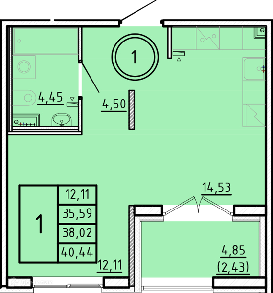 Планировка: 1 комната · 35,59 м²