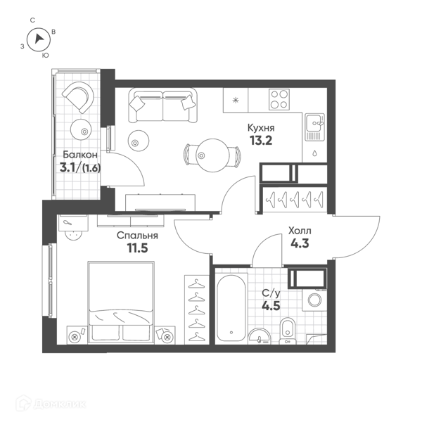 Планировка: 1 комната · 35,1 м²