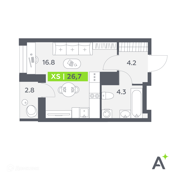 Планировка: Студия · 26,7 м²