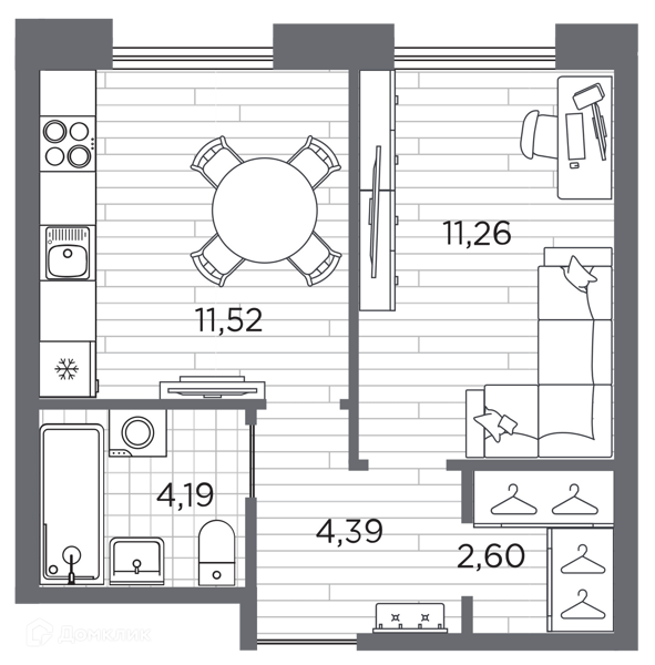 Планировка: 1 комната · 33,96 м²