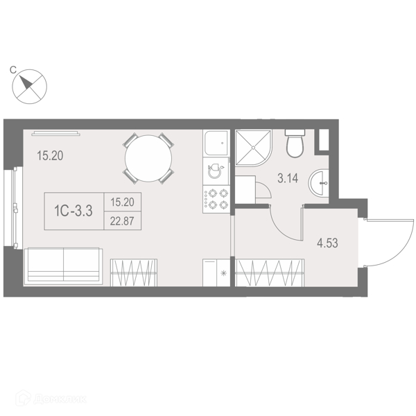 Планировка: Студия · 22,8 м²