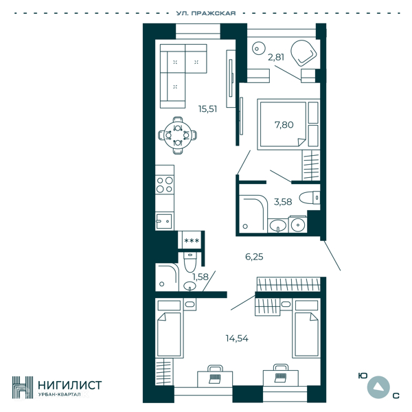 Планировка: 2 комнаты · 50,67 м²