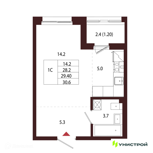 Планировка квартиры: Студия · 29,4 м²