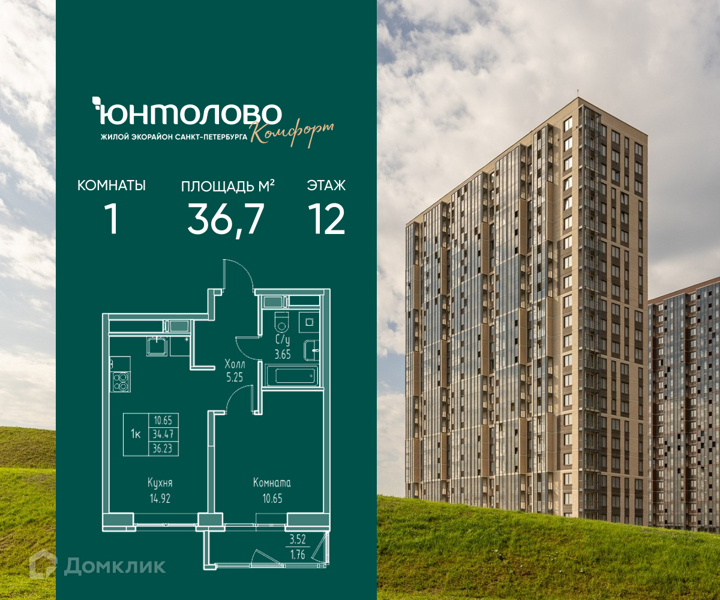 Планировка квартиры: 1 комната · 36,7 м²