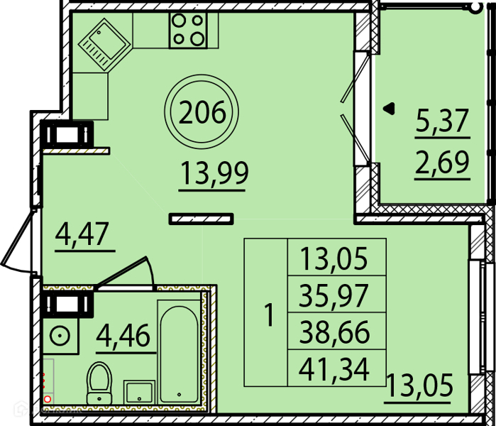 Планировка: 1 комната · 35,97 м²