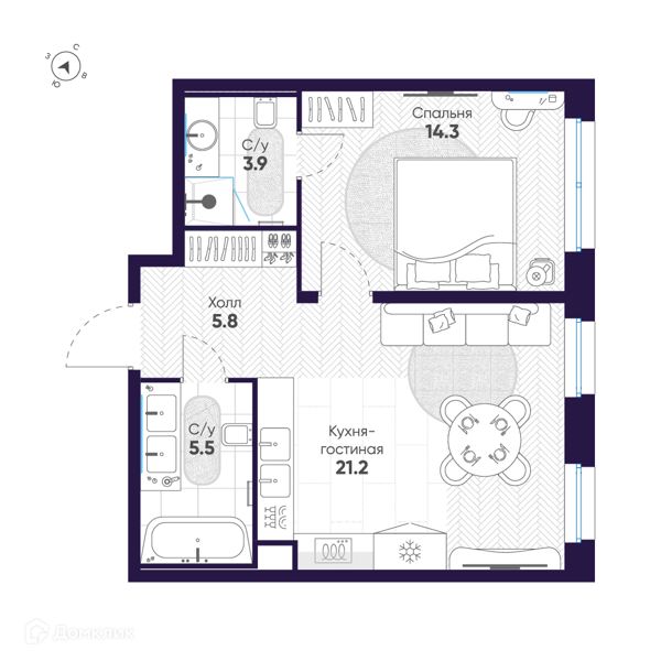 Планировка: 1 комната · 50,7 м²