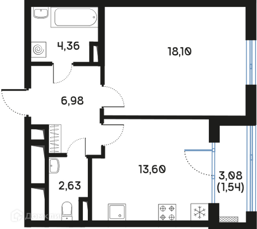 Планировка: 1 комната · 47,27 м²