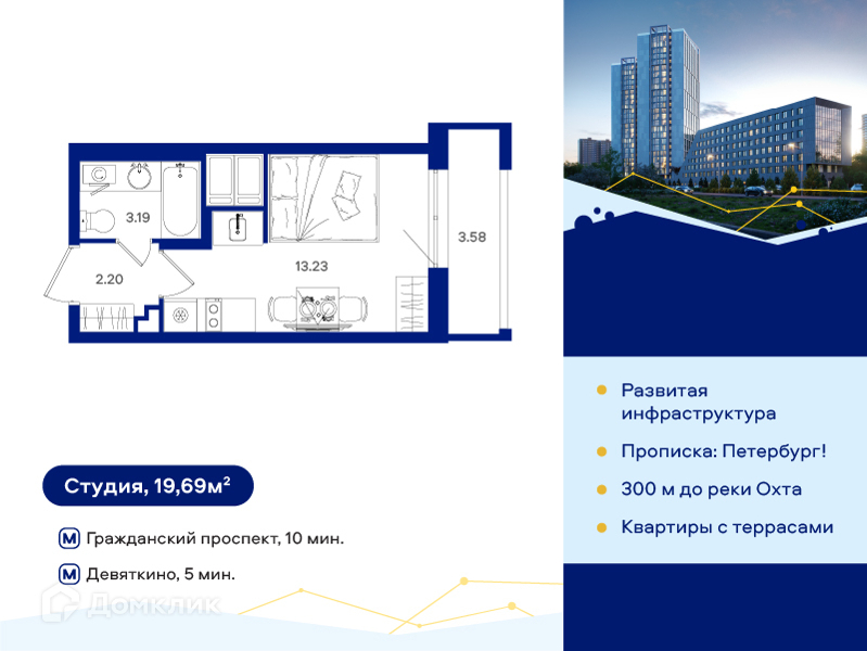 Планировка: Студия · 19,69 м²