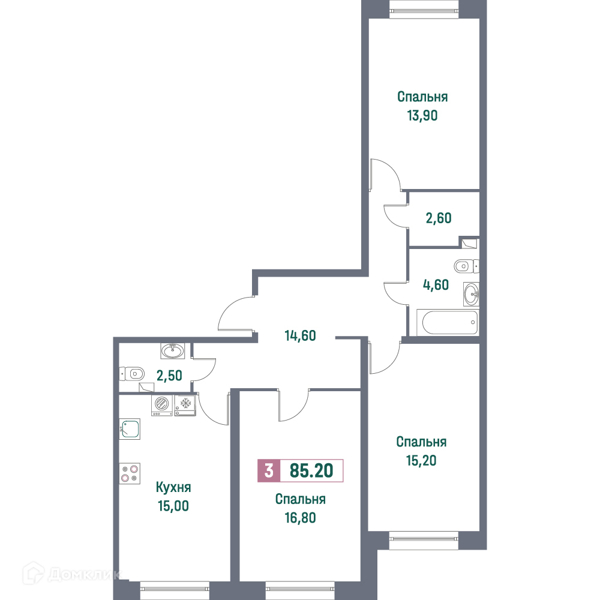 Планировка: 3 комнаты · 85,2 м²