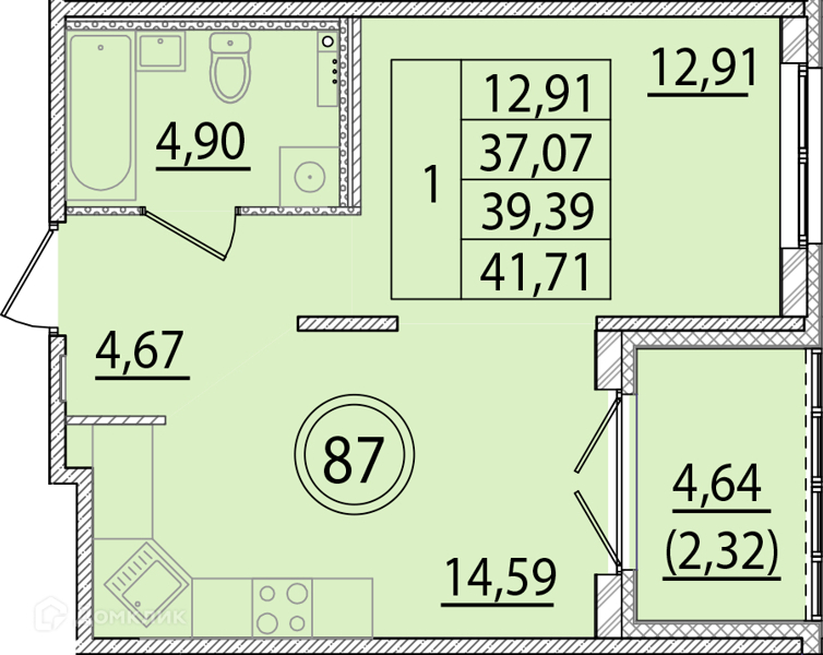 Планировка: 1 комната · 37,07 м²
