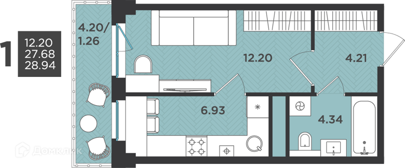 Планировка: 1 комната · 28,94 м²