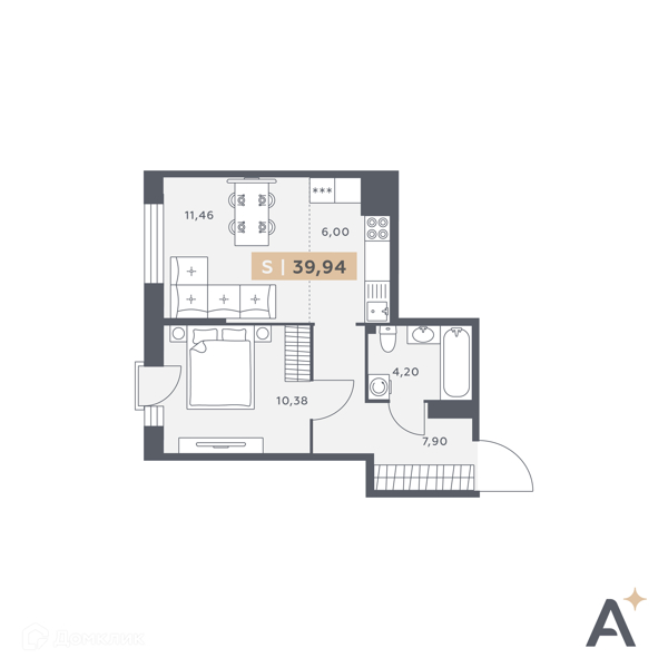 Планировка: 1 комната · 39,94 м²