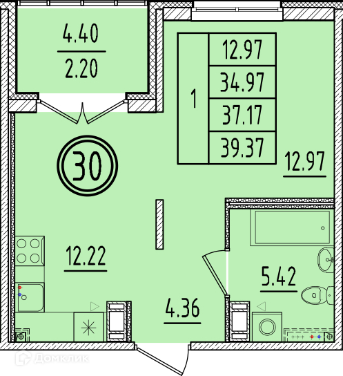 Планировка квартиры: 1 комната · 34,97 м²
