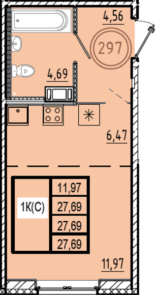 Планировка квартиры: Студия · 27,69 м²