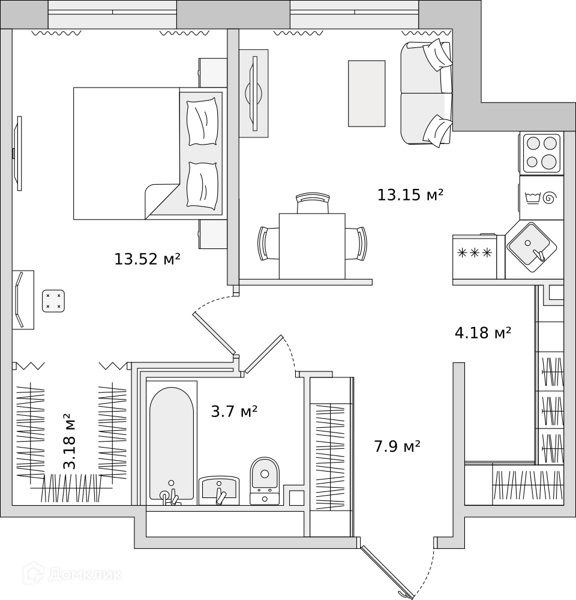 Планировка: 1 комната · 45,63 м²