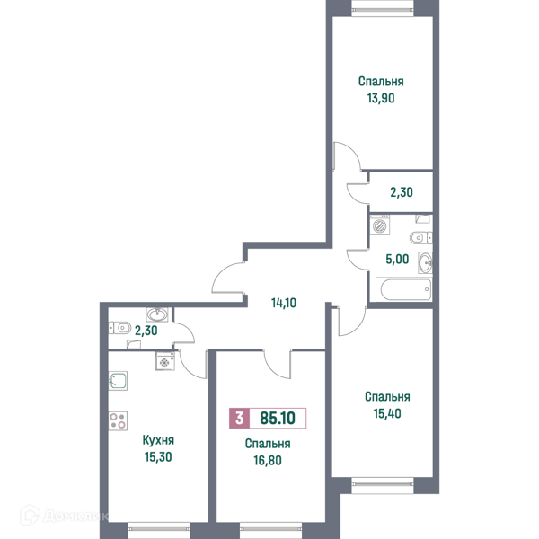 Планировка квартиры: 3 комнаты · 85,1 м²