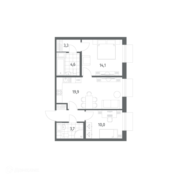 Планировка квартиры: 2 комнаты · 59,3 м²