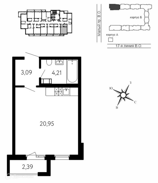 Планировка квартиры: 1 комната · 28,97 м²