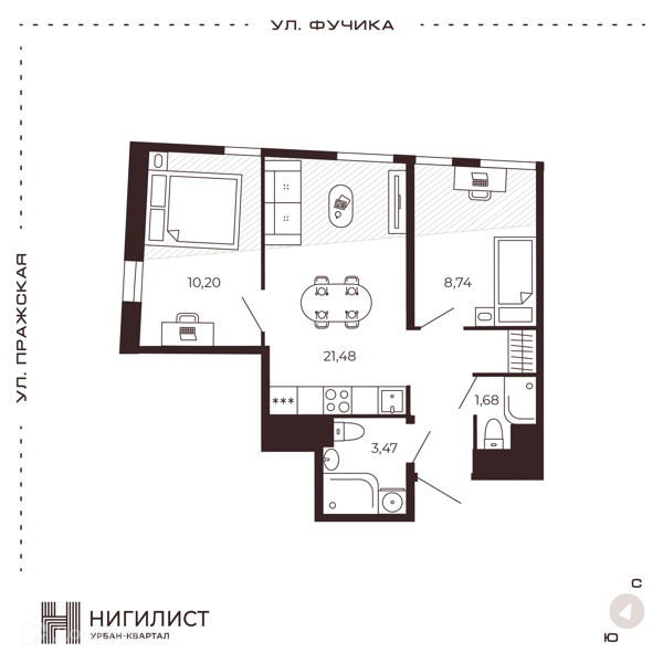 Планировка: 2 комнаты · 45,57 м²