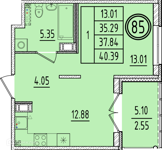 Планировка: 1 комната · 35,29 м²