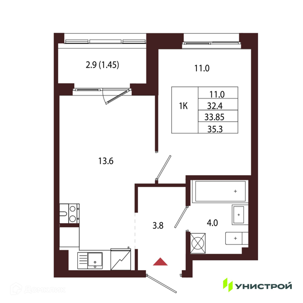 Планировка: 1 комната · 33,85 м²