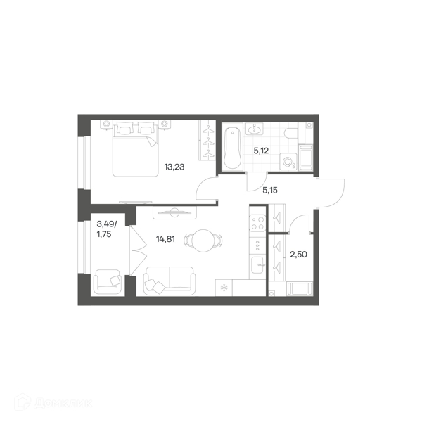 Планировка: 1 комната · 42,56 м²