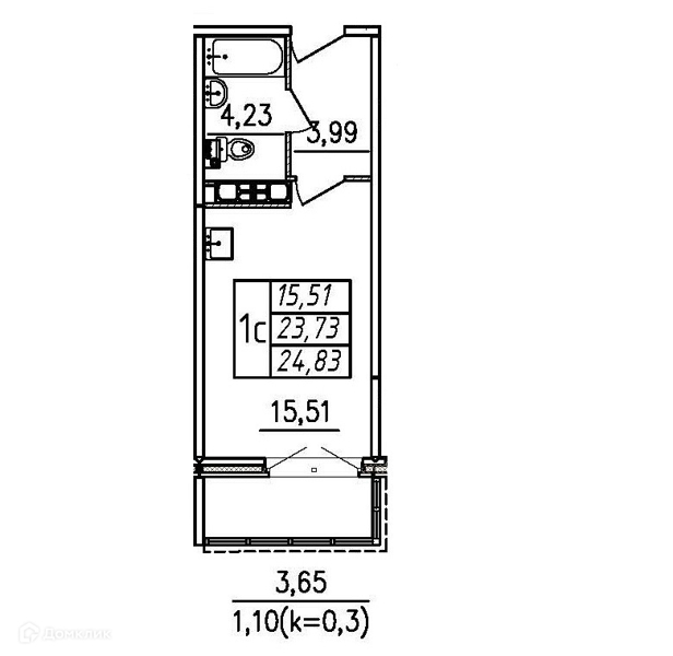 Планировка квартиры: Студия · 24,83 м²